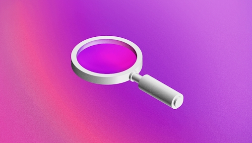 An illustration showing a black and white magnifying glass in 3D, on a purple background