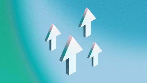 A 3D illustration of arrows pointing upwards around a 3D cloud, on a blue background.