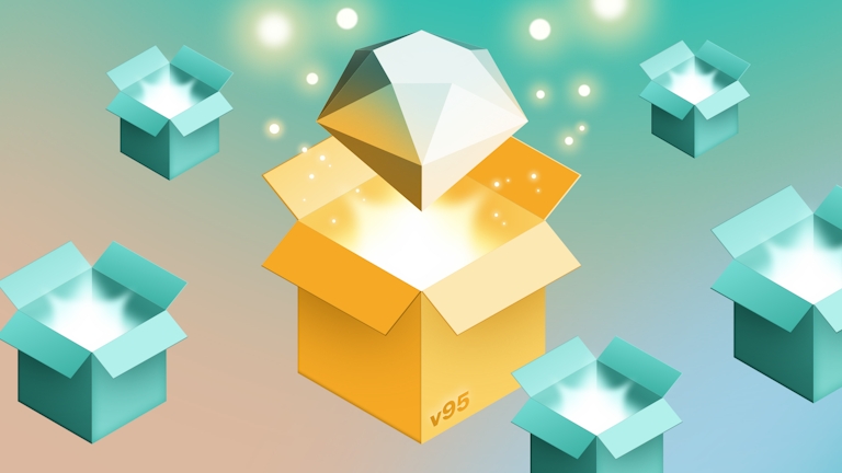 An image showing multiple boxes with a blue background. In the middle, the Sketch diamond is coming out of a yellow, shiny box. 