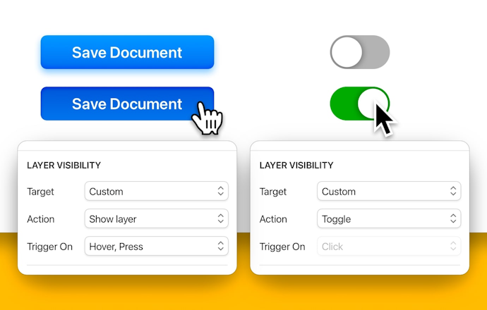 Hover, press and toggle triggers